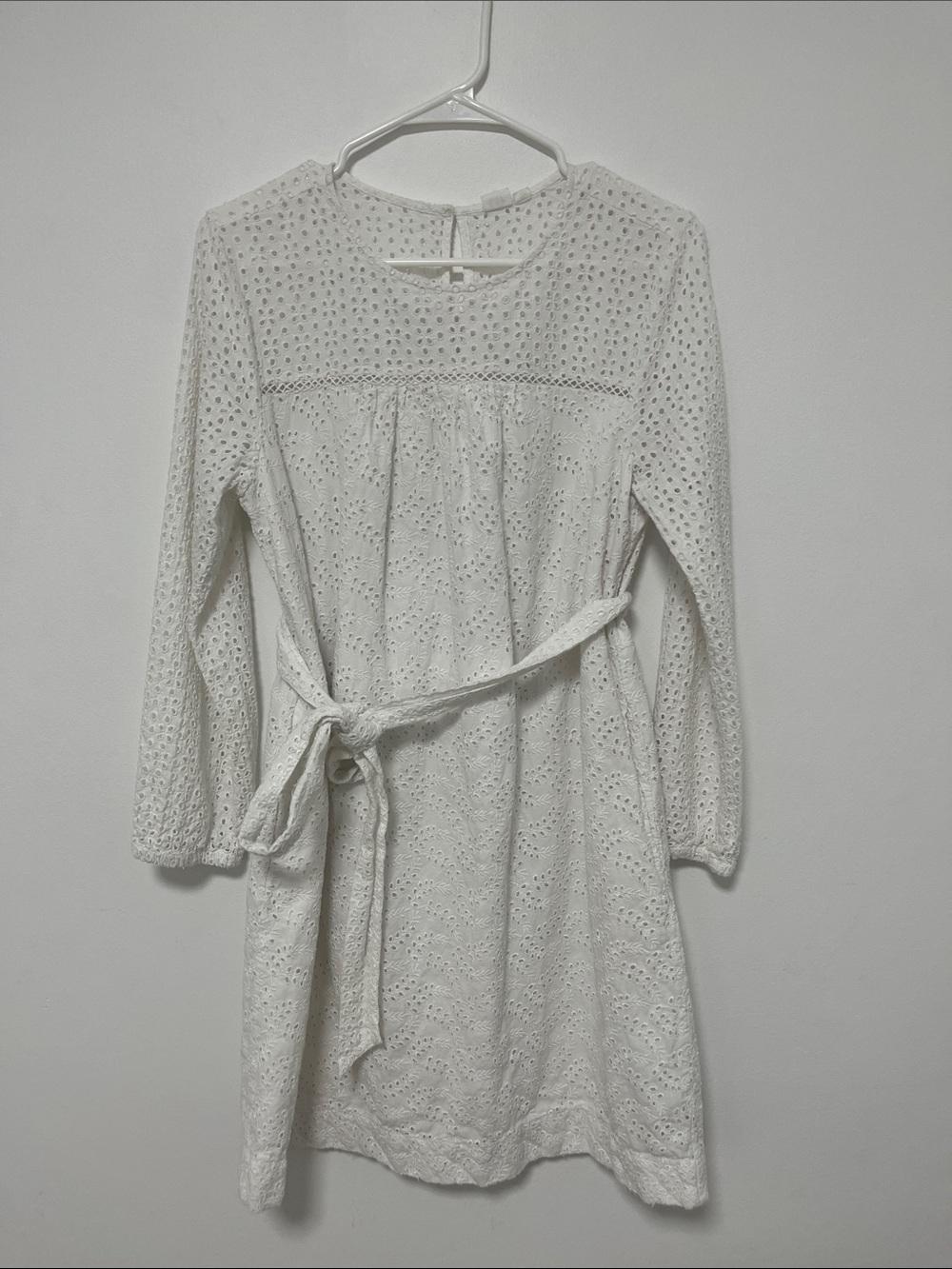 White Eyelet Long-Sleeve Belted Dress